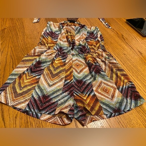 I.Q. Authentic Brand Colorful Diamond Textured Tie Neck Beaded Ring Romper - Picture 5 of 16